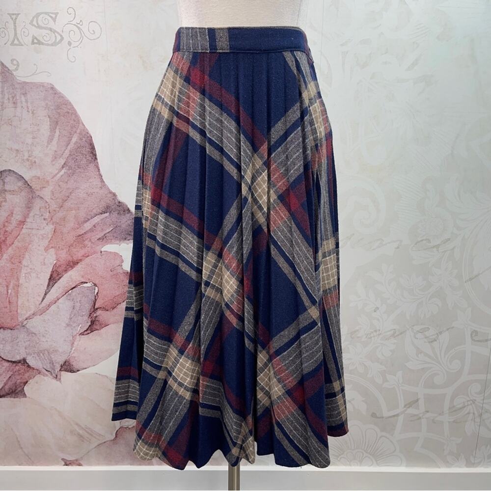 Vintage Blue Burgundy Tan Pleated Skirt Size 11/12 RUNS SMALL
